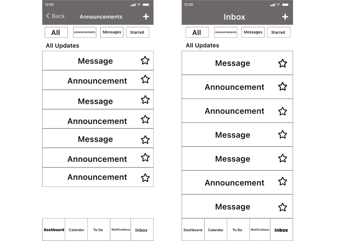 An image of a wireframe for the announcements and inbox messages page